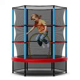 Gymax - 55'' Mini Trampoline for Kids w/ Safety Enclosure Net & Seamless Design - Blue, Red