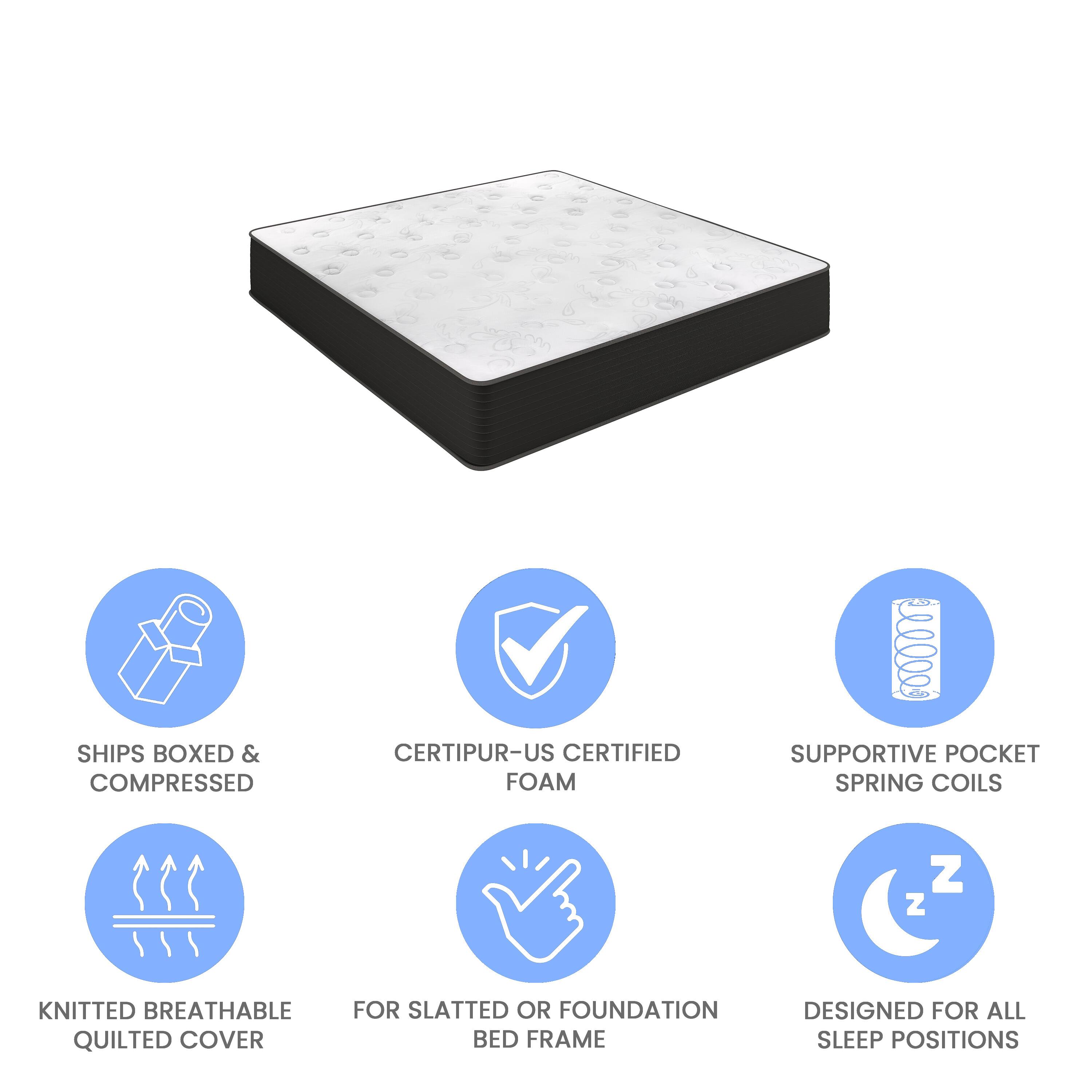 - Ships boxed & compressed
- Certipur-US certified foam
- Supportive pocket spring coils
- Knitted breathable quilted cover
- For slatted or foundation bed frame
- Designed for all sleep positions