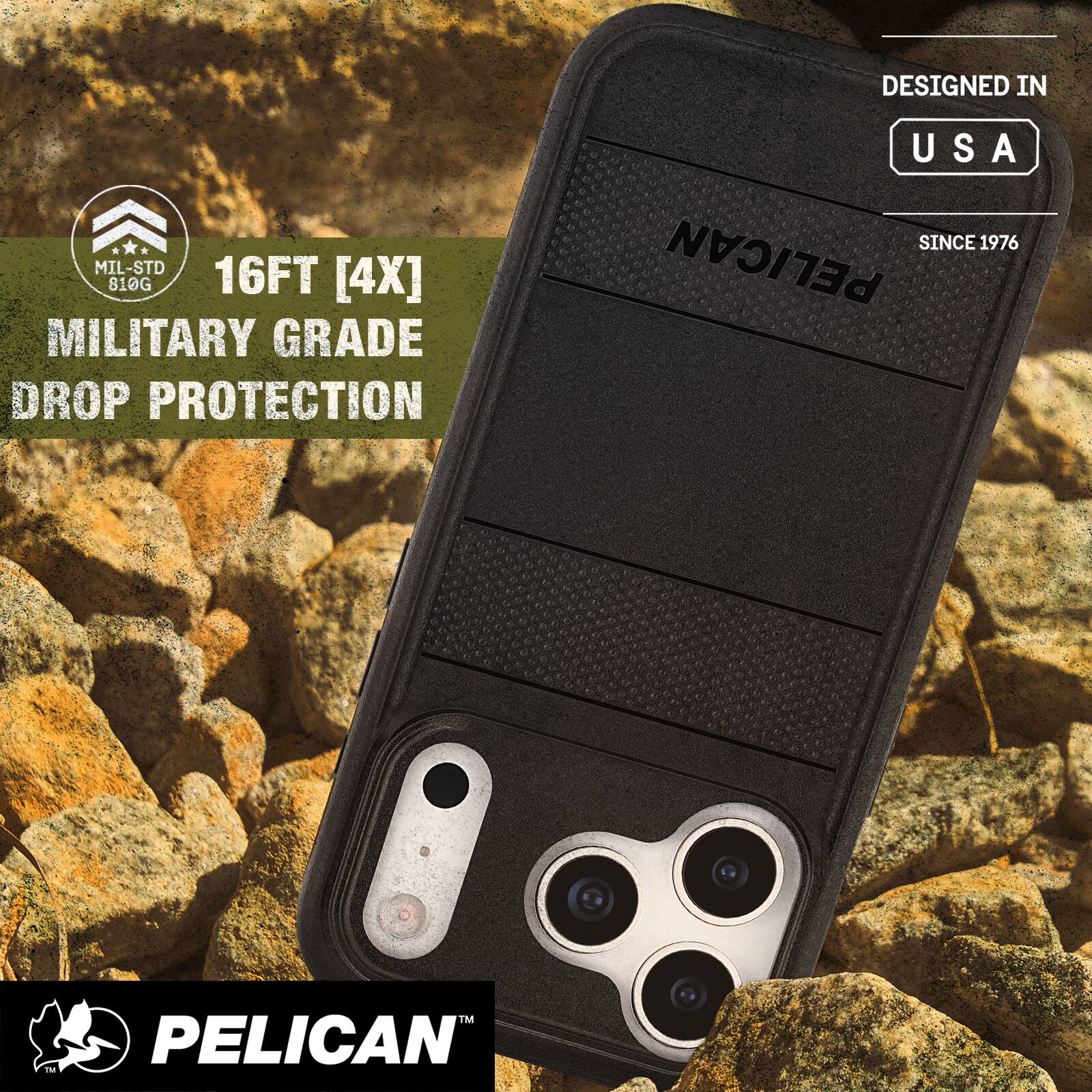 DESIGNED IN USA SINCE 1976  
16FT [4X] MILITARY GRADE DROP PROTECTION  
MIL-STD 810G  
PELICAN