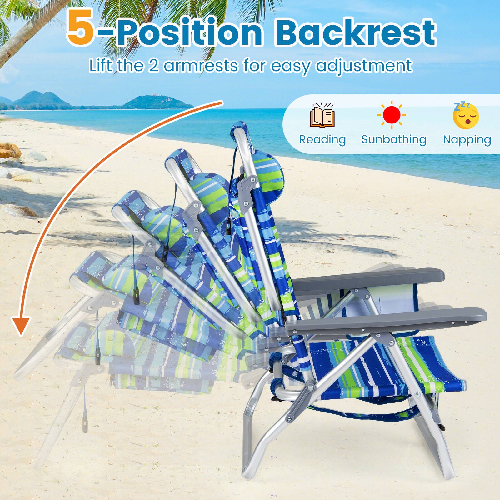 5-Position Backrest  
Lift the 2 armrests for easy adjustment  

Reading  
Sunbathing  
Napping