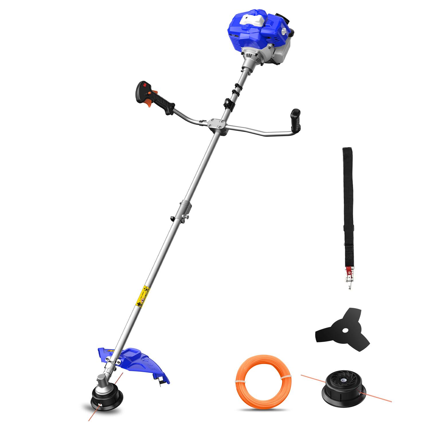 Front. WILD BADGER POWER - 52 cc 2-in-1 2-Stroke Gas Straight Shaft Brush Cutter and String Hand Held Trimmer with Extra Spool - Blue.