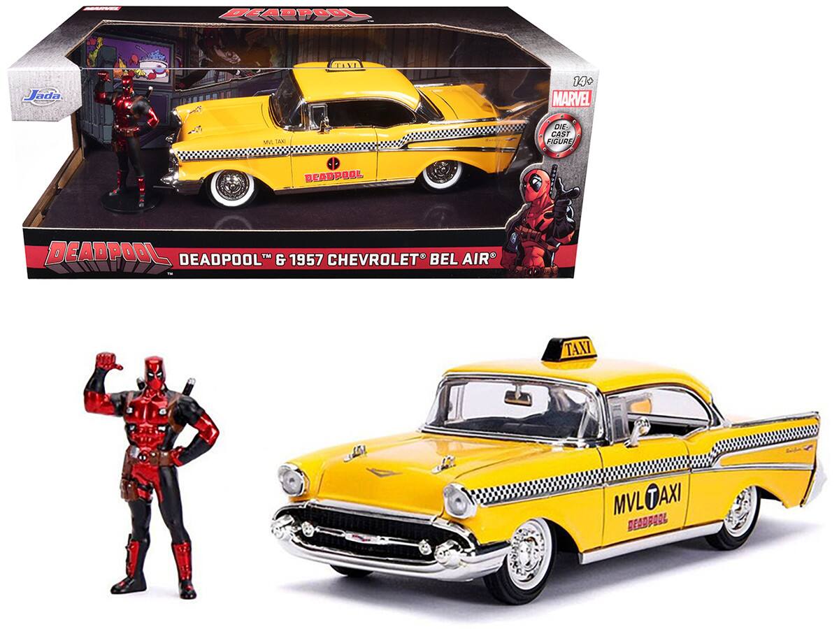 Jada - 1957 Chevrolet Bel Air Taxi with Deadpool Diecast Figurine "Marvel" Series 1/24 - Yellow