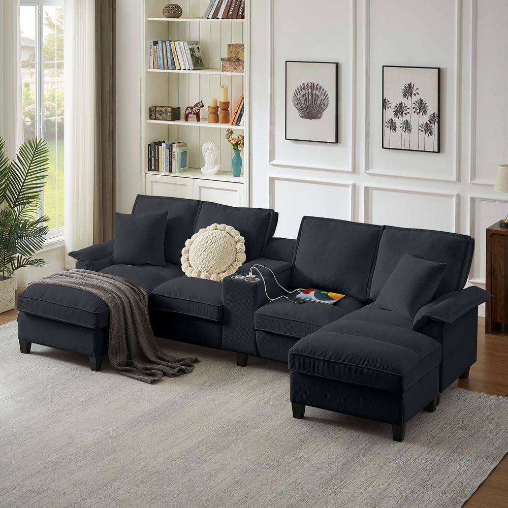 Angle. Kadyn - 120" U-Shaped Sectional Sofa Bed, 4-Seater Corduroy with Storage and Cup Holders, Black - Black.