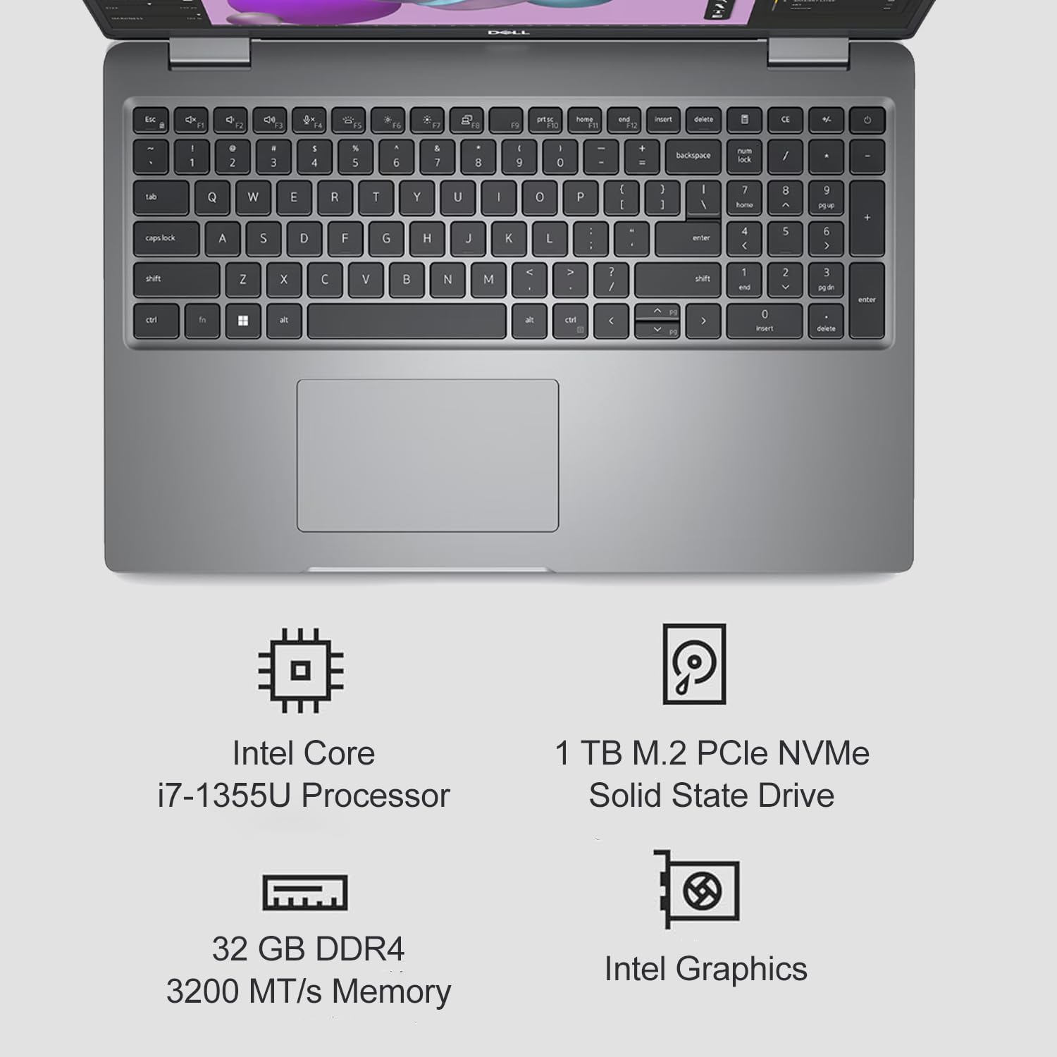 Intel Core i7-1355U Processor  
32 GB DDR4 3200 MT/s Memory  
1 TB M.2 PCIe NVMe Solid State Drive  
Intel Graphics