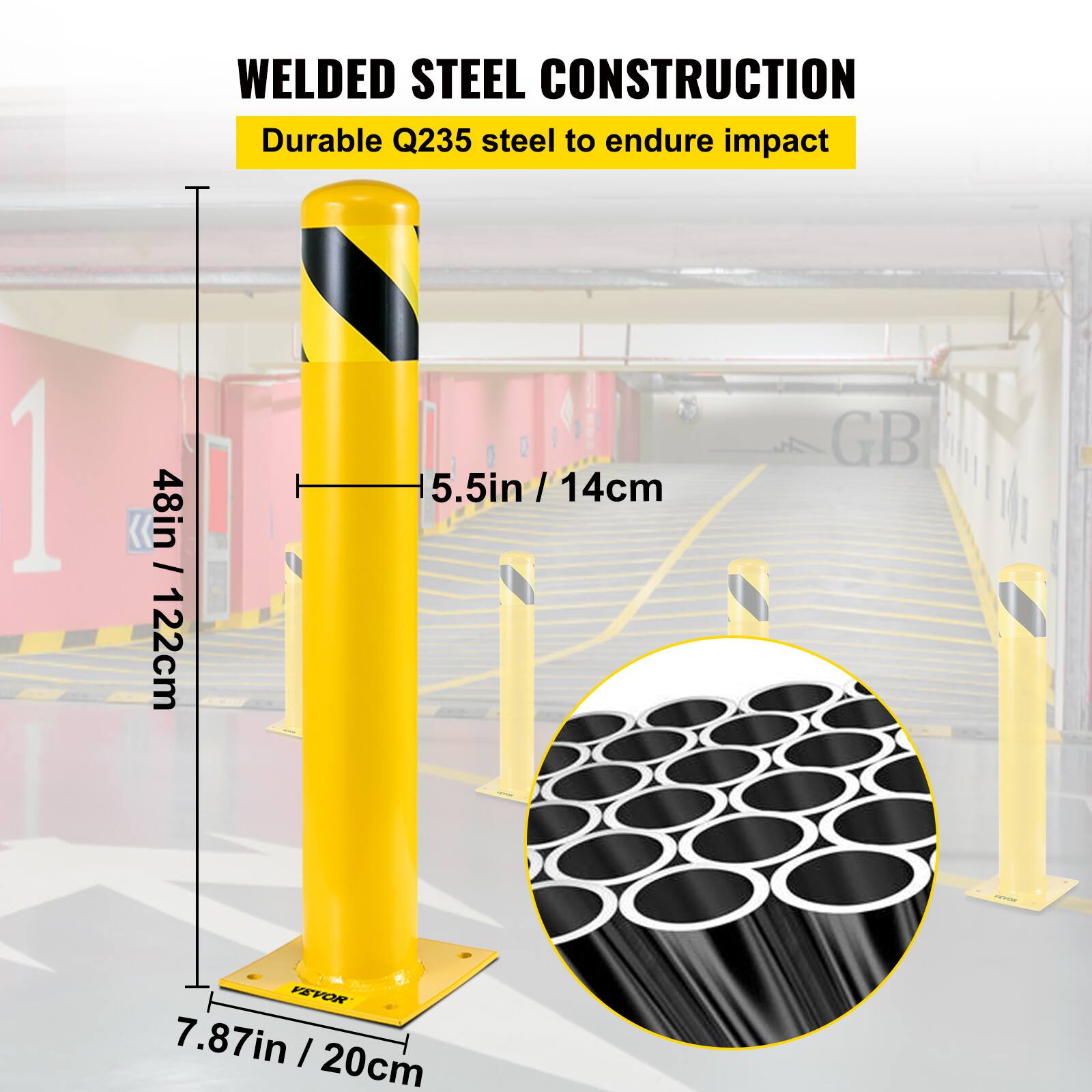 WELDED STEEL CONSTRUCTION  
Durable Q235 steel to endure impact  

- 48in / 122cm  
- 5.5in / 14cm  
- 7.87in / 20cm  

GB