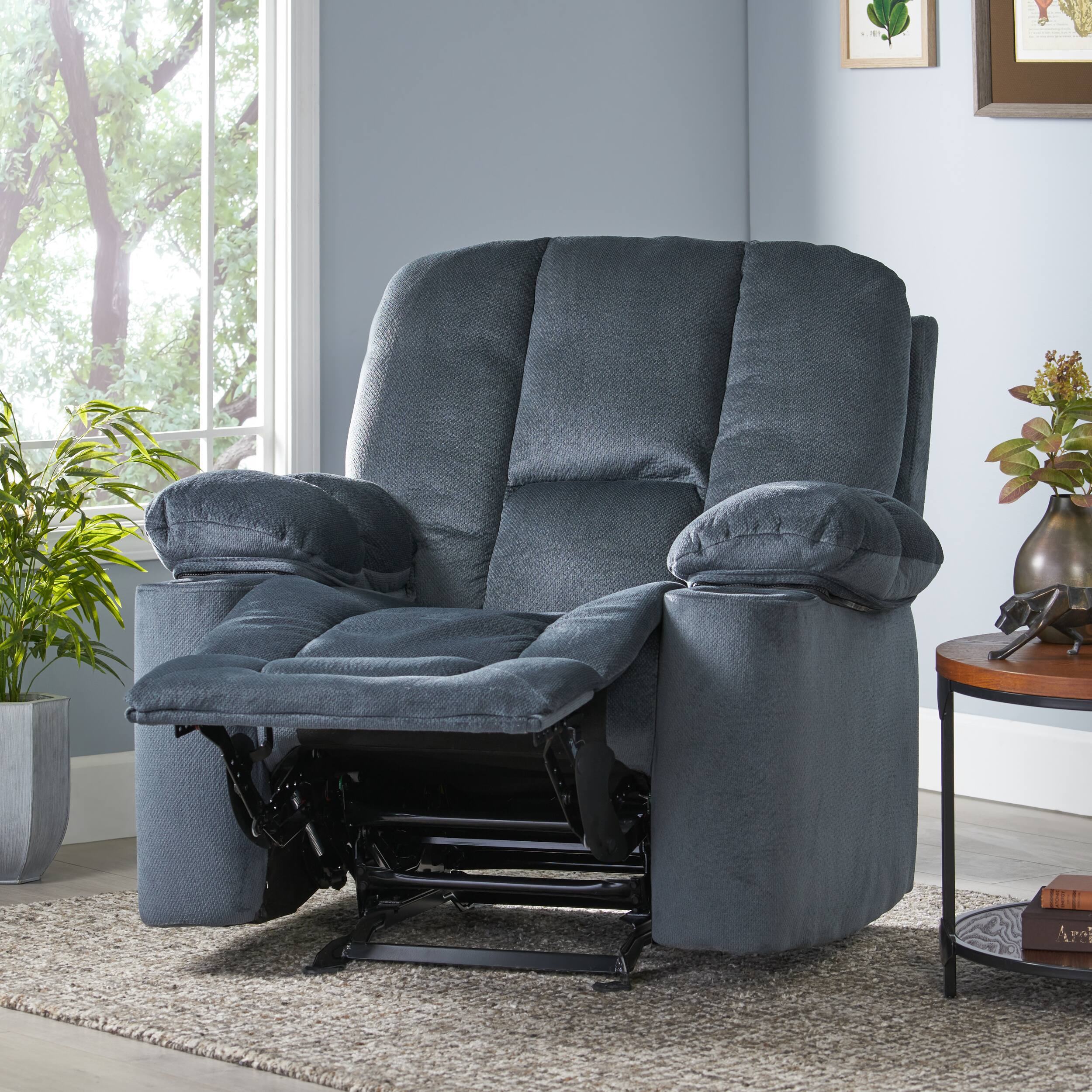 Back. APRILSOUL - Luxurious Manual Recliner Chair Silver Skin Friendly Fabric Dual Cup Holders - Gray.