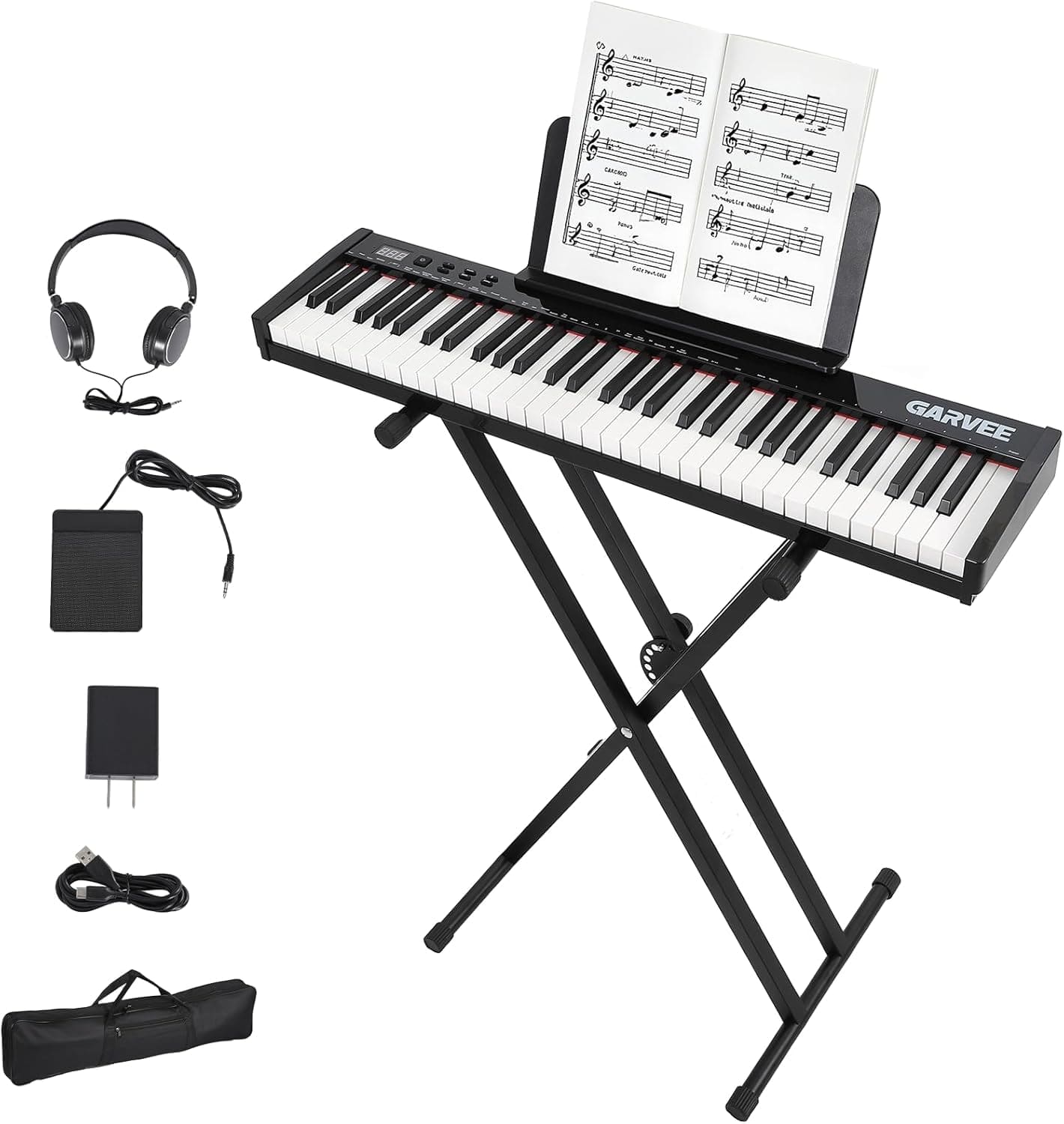 Homhougo - 61-Key Portable Keyboard Piano with Music Stand & Power Adapter for Beginners - Black