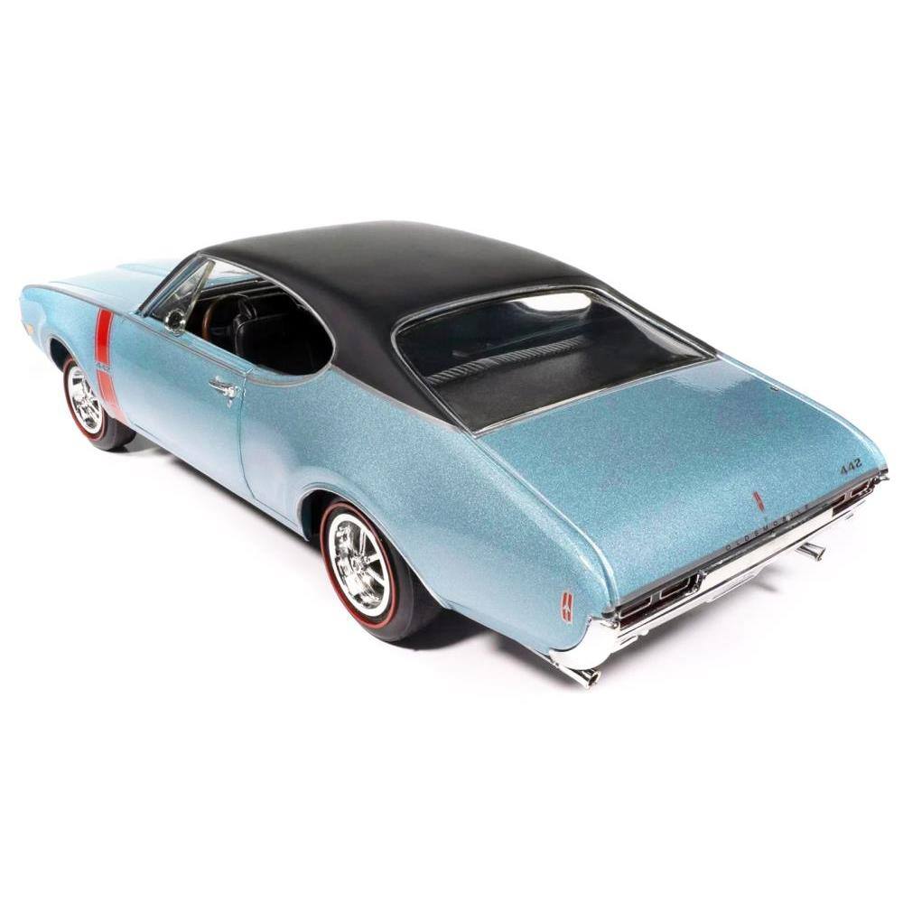 Alt View 1. Autoworld - 1968 Oldsmobile 442 W30 Holiday Coupe Teal Frost Metallic with Red Stripes Black Vinyl Top Hemmings Cover 1/18 - Blue.