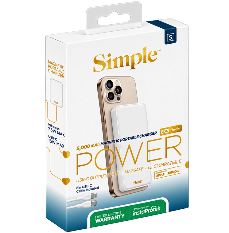 S. MAGNETIC CHARGER Simple 7.5W Wireless USB-C MAX CHARGER 15W MAGNETIC PORTABLE 5,000 mAh POWER USB-C OUTPUT/INPUT | MAGSAFE + Qi COMPATIBLE APPLE ANDROID 6in USB-C Included Cable Powered by LIMITED LIFETIME instaProtek WARRANTY