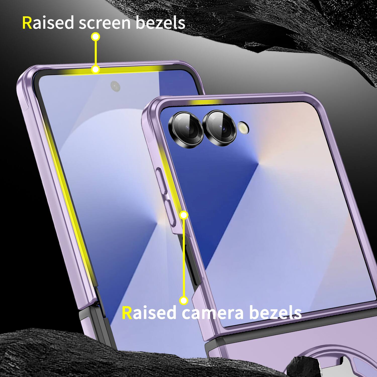 Raised screen bezels  
Raised camera bezels