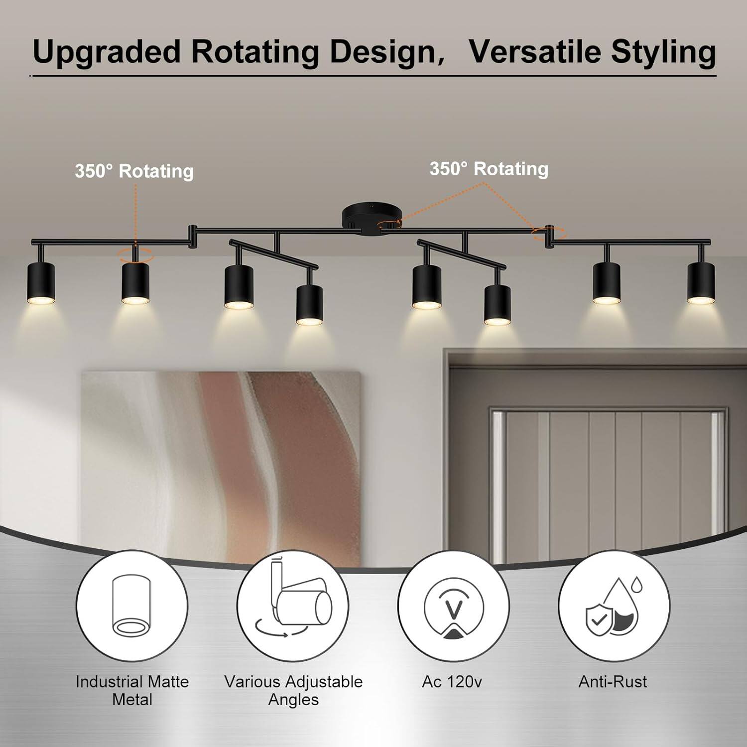 Upgraded Rotating Design, Versatile Styling

350° Rotating

350° Rotating

Industrial Matte Metal

Various Adjustable Angles

Ac 120v

Anti-Rust