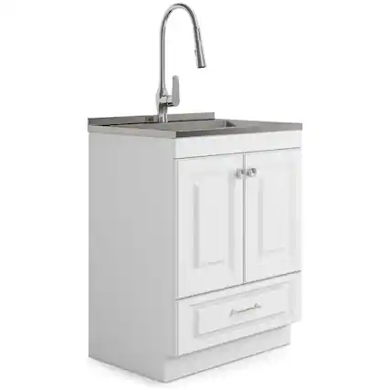 Front. Simpli Home - Lawrence All-in-One 28-inch Utility Sink & Cabinet - Pure White.