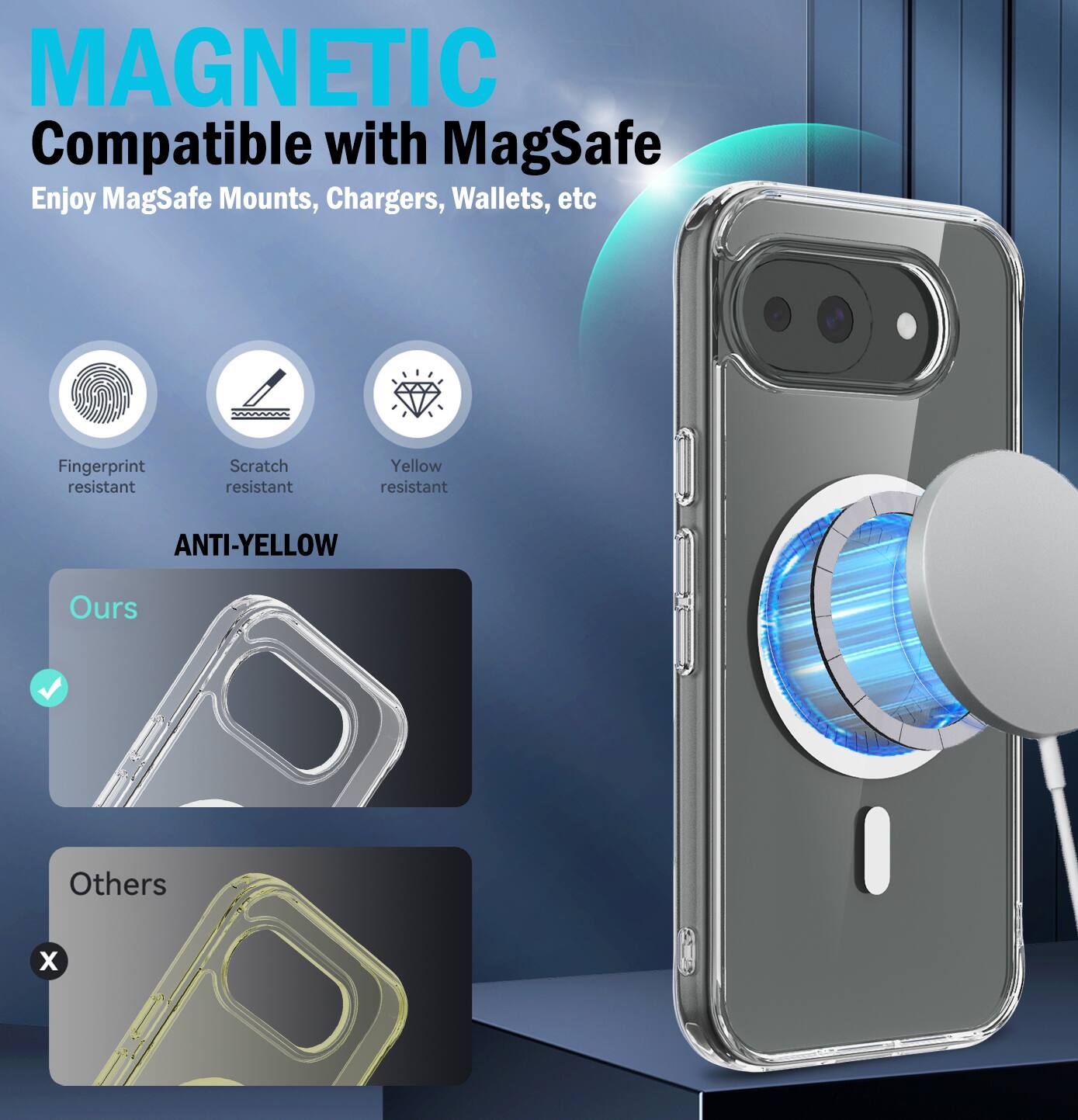 MAGNETIC  
Compatible with MagSafe  
Enjoy MagSafe Mounts, Chargers, Wallets, etc  

Fingerprint resistant  
Scratch resistant  
Yellow resistant  

ANTI-YELLOW  

Ours  
Others