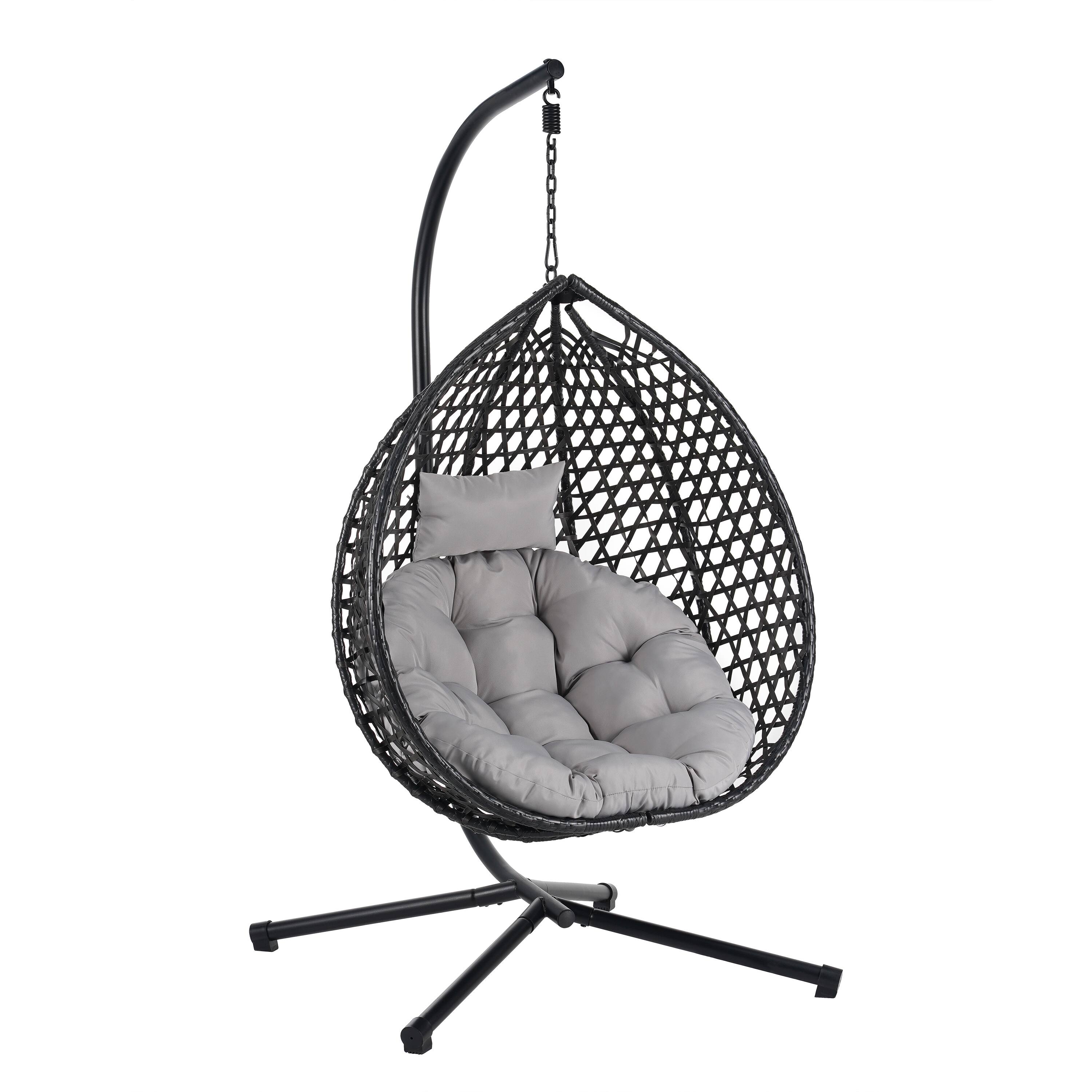 Front. Mondawe - Outdoor Swing chairs with Soft Removable Cushion and Rattan Weaving - Black+ Gray.