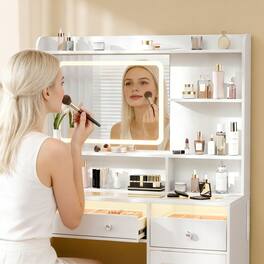 Furnulem - Vanity Desk with Mirror and Lights Makeup Vanity with Drawer - White