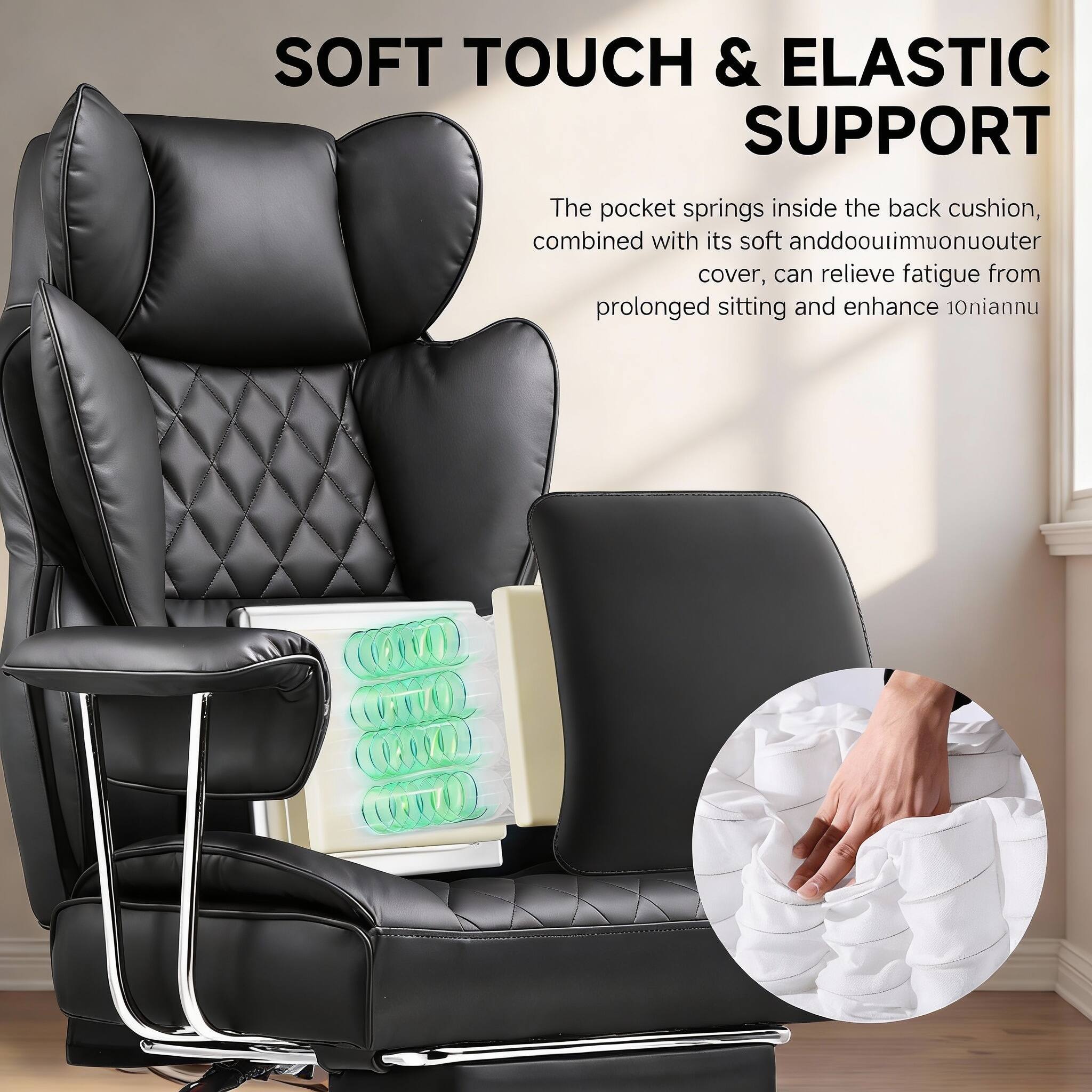 SOFT TOUCH & ELASTIC SUPPORT

The pocket springs inside the back cushion, combined with its soft and durable outer cover, can relieve fatigue from prolonged sitting and enhance comfort.