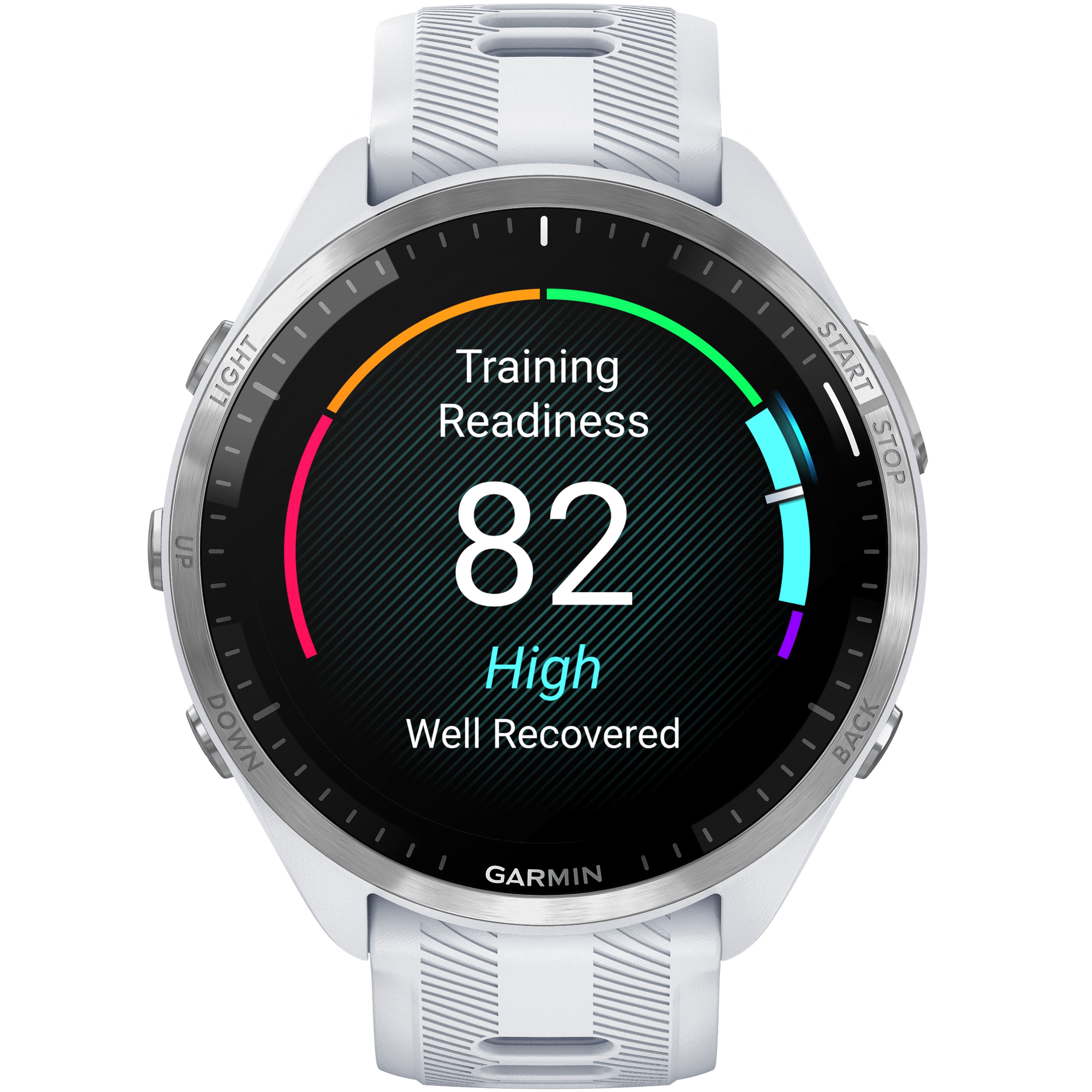 The image shows a Garmin watch displaying the training readiness at 82, indicating that the wearer is in a high state of readiness. The watch also shows that the wearer is well recovered, which is an important aspect of maintaining overall fitness and performance. The watch is designed to help athletes track their progress and monitor their performance during training sessions.