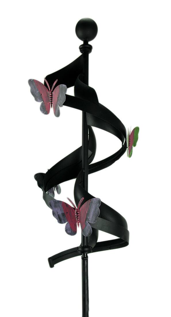 Alt View 1. Compass Home - Black Metal Ribbon Pink Butterfly Wind Spinner Garden Stake - Black.