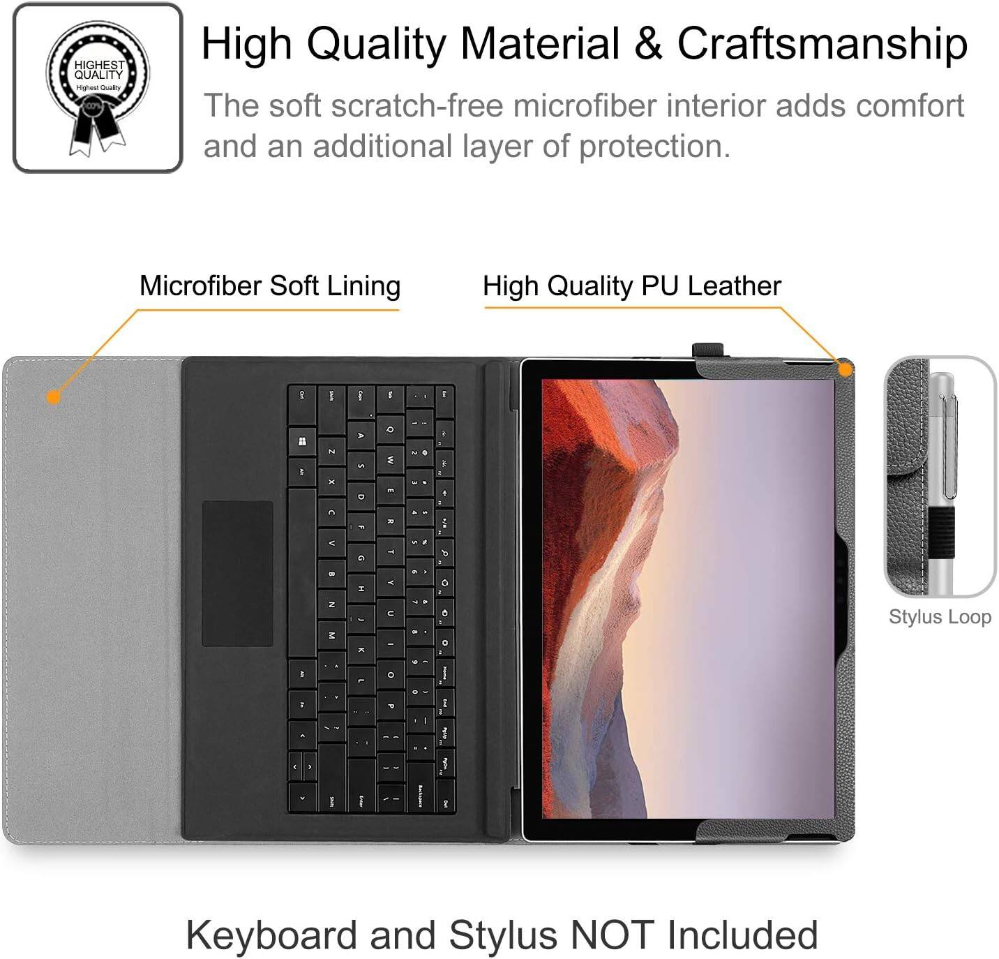 HIGHEST QUALITY

High Quality Material & Craftsmanship
The soft scratch-free microfiber interior adds comfort and an additional layer of protection.

Microfiber Soft Lining
High Quality PU Leather

Stylus Loop

Keyboard and Stylus NOT Included