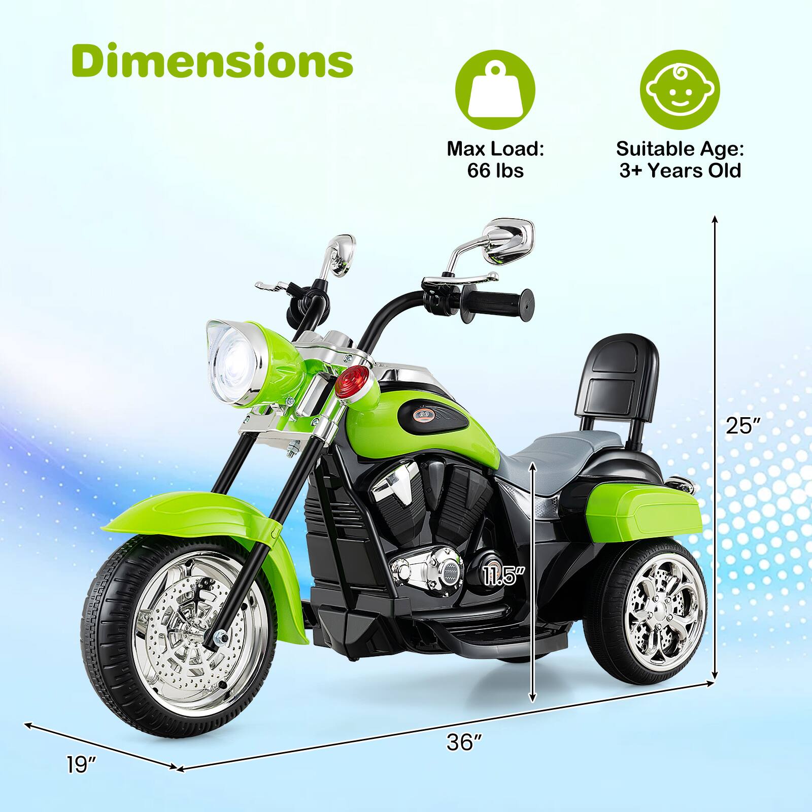 Dimensions  
Max Load: 66 lbs  
Suitable Age: 3+ Years Old  
25"  
11.5"  
19"  
36"