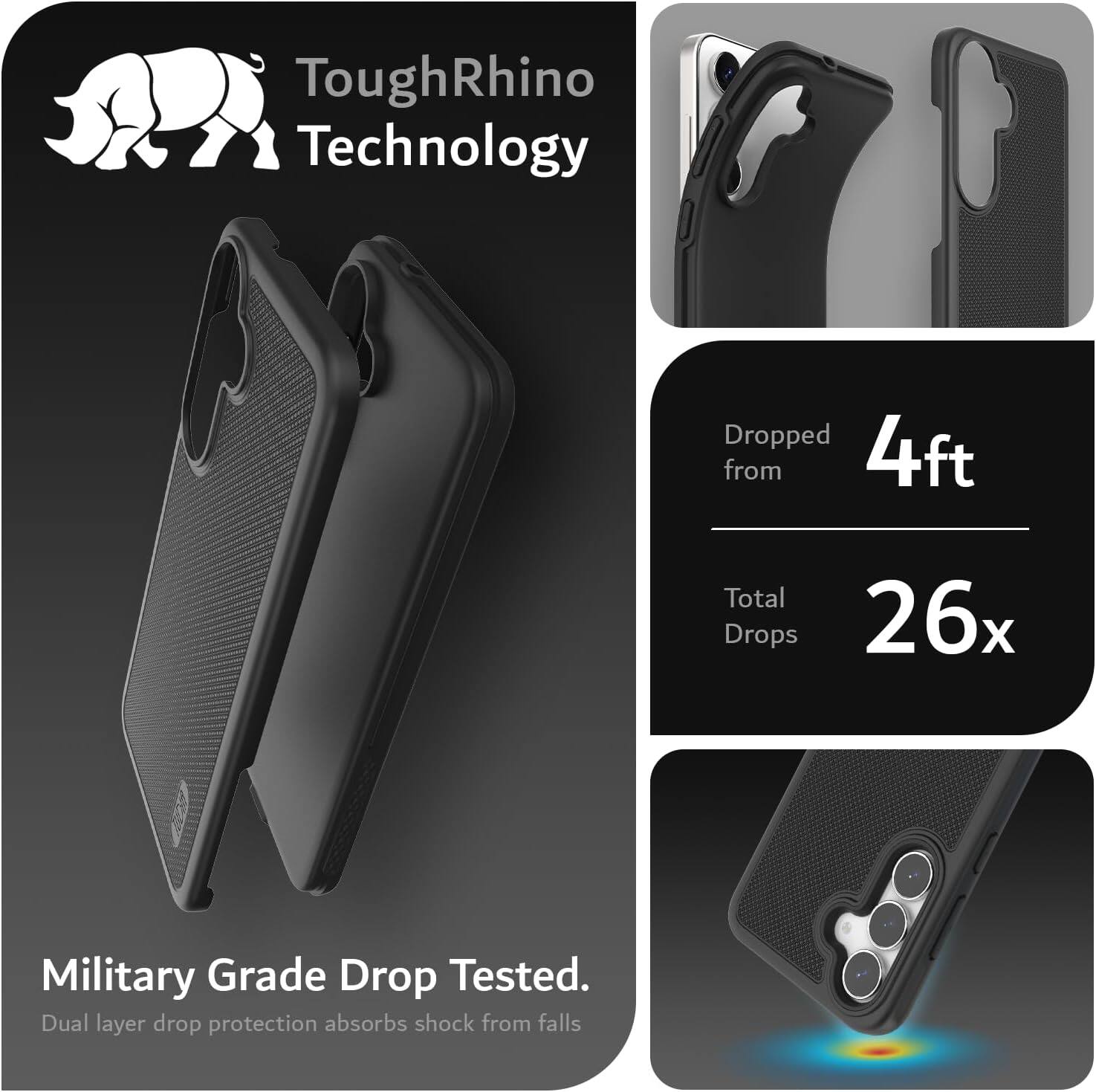ToughRhino Technology

Dropped from 4ft  
Total Drops 26x

Military Grade Drop Tested.  
Dual layer drop protection absorbs shock from falls