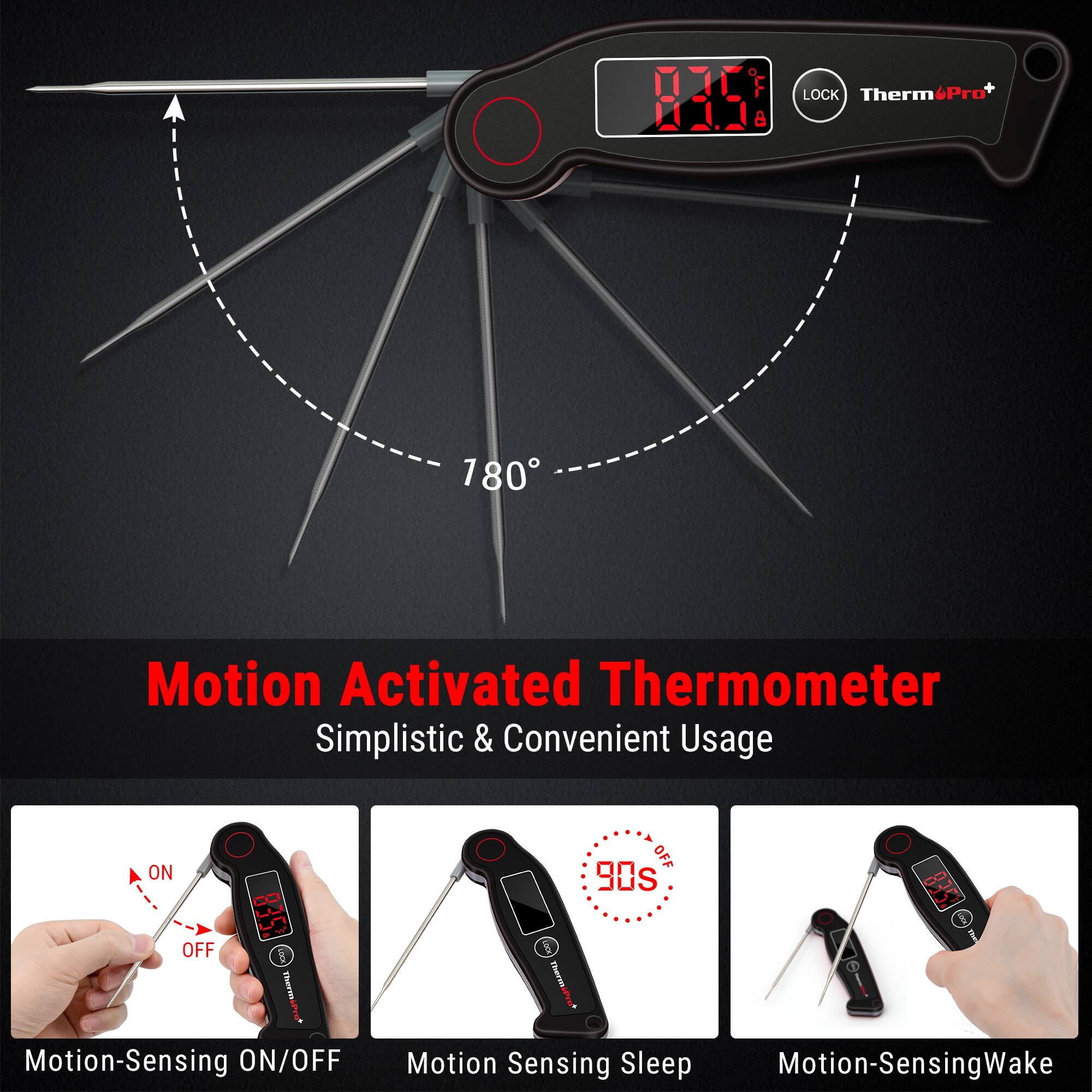 The image features a black motion-activated thermometer with a red button. The thermometer is designed for simple and convenient usage, with features such as motion-sensing on/off, 90s sleep mode, and a lock function. The thermometer is shown in various positions, including being held in a hand and placed on a table. The image also includes a diagram of the thermometer's functionality, highlighting its motion-sensing capabilities and the different modes it offers.