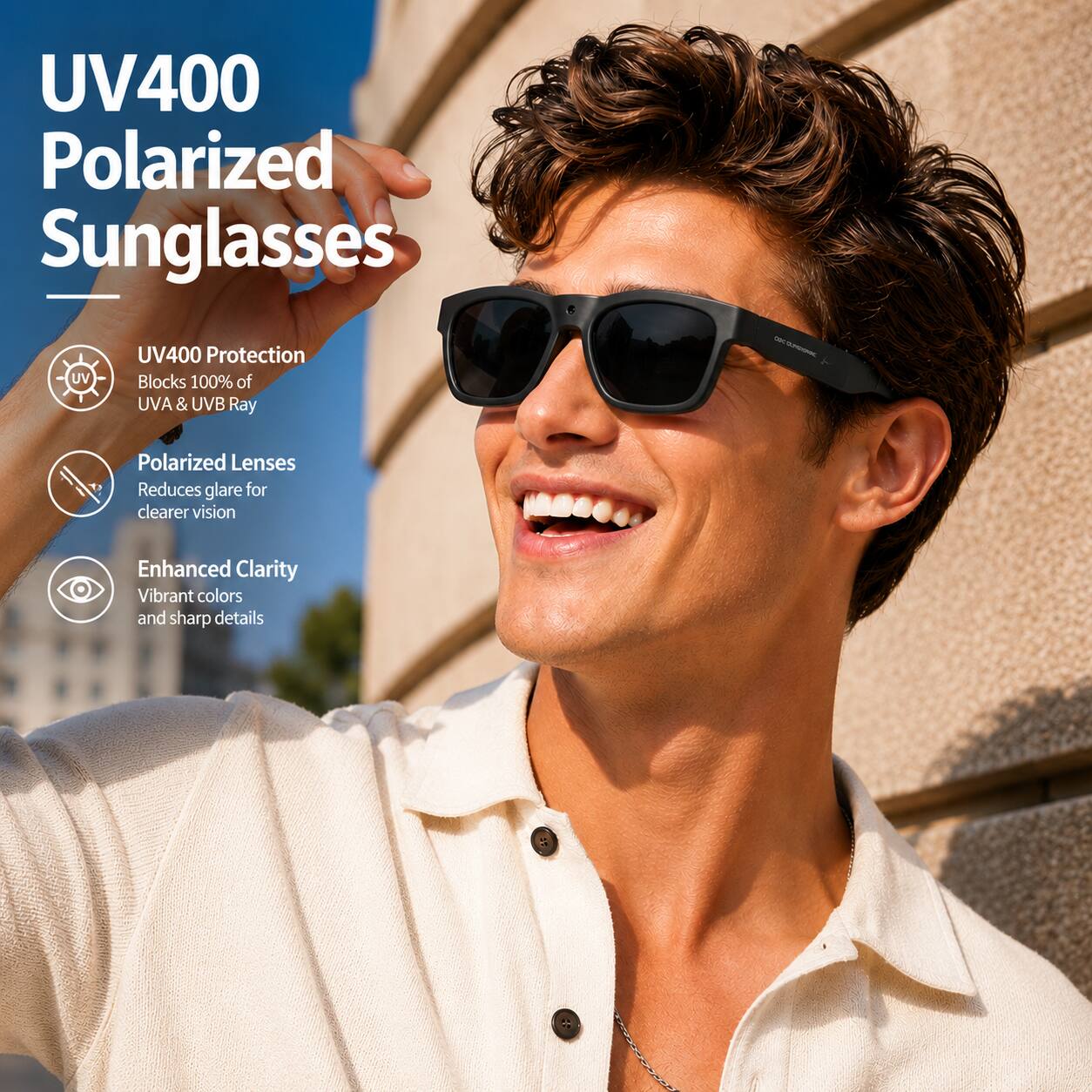 UV400 Polarized Sunglasses

- UV400 Protection
  - Blocks 100% of UVA & UVB Ray

- Polarized Lenses
  - Reduces glare for clearer vision

- Enhanced Clarity
  - Vibrant colors and sharp details