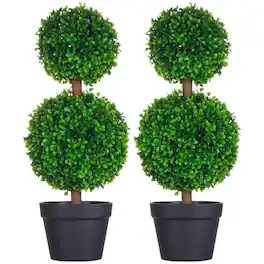 PULUZ - 2 Pcs 23.6 inch Artificial Boxwood Ball Topiary Tree Set of 2 Fake Plants in Pot with Double Ball-Shaped Leaves - Green