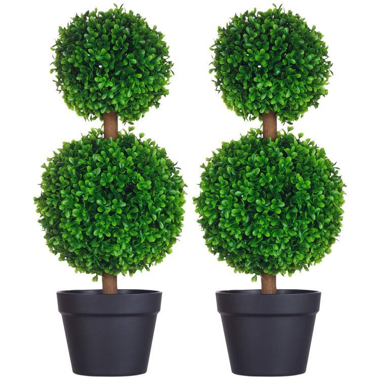 PULUZ - 2 Pcs 23.6 inch Artificial Boxwood Ball Topiary Tree Set of 2 Fake Plants in Pot with Double Ball-Shaped Leaves - Green