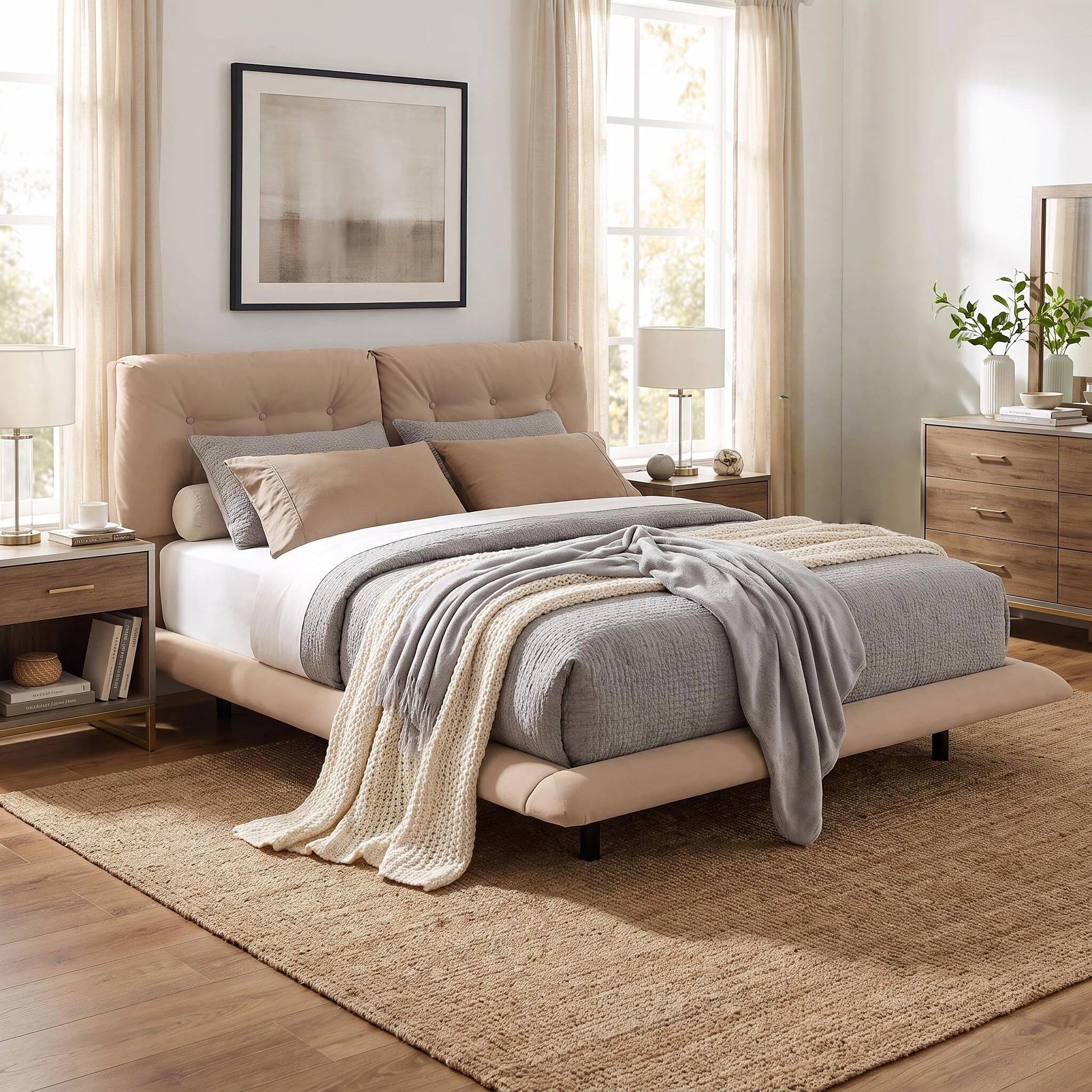 Angle. Anysun - Queen Size Upholstered Floating Bed Frame with LED Lights – PU Leather with Button-Tufted Headboard, Easy Assembly - Khaki.