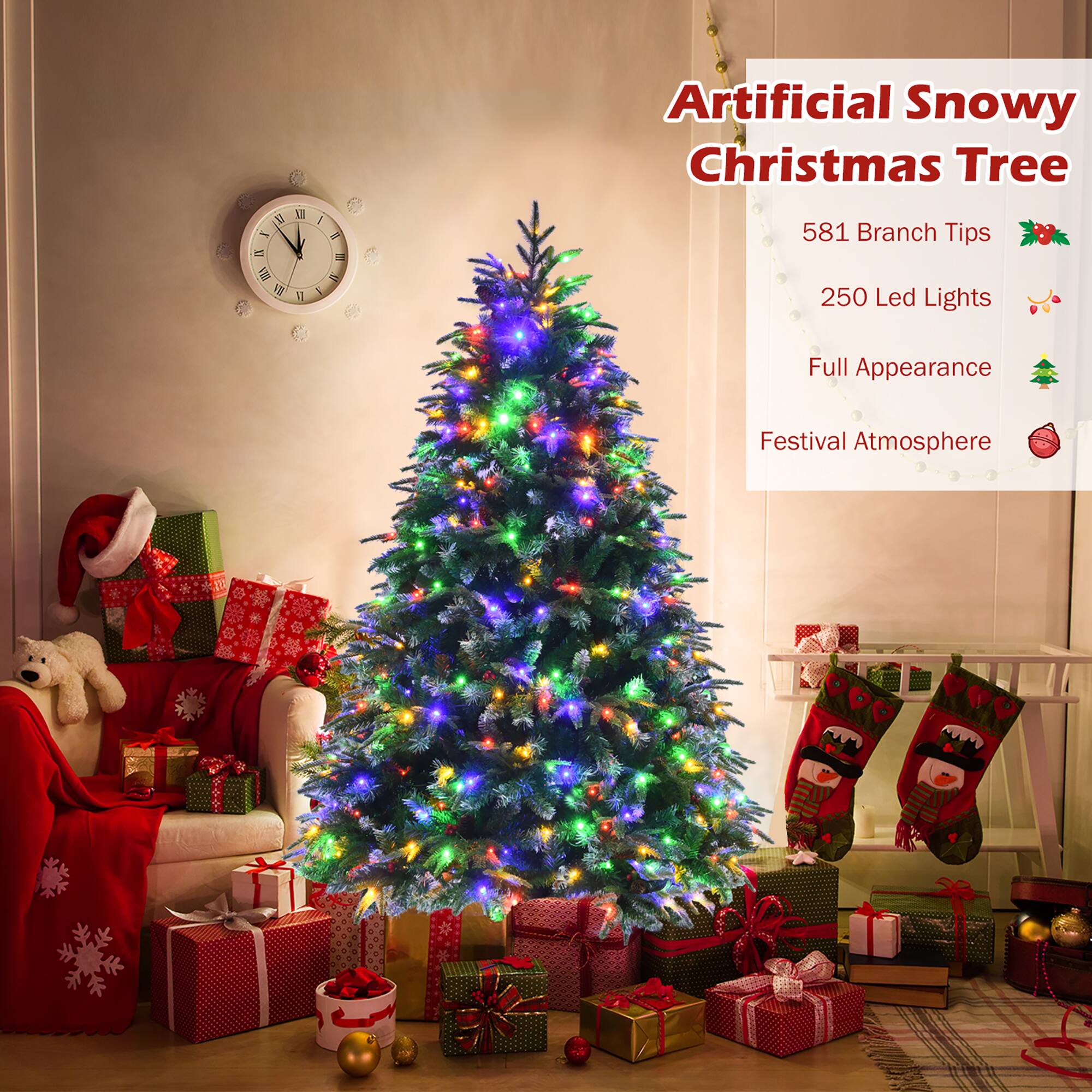 Artificial Snowy Christmas Tree: 581 Branch Tips, 250 LED Lights, Full Appearance, Festival Atmosphere.