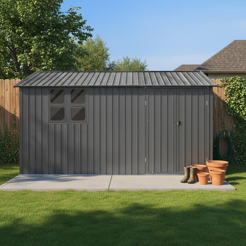 Left. Anysun - 12x10ft Metal Garden Shed with Window & Hinged Door, Heavy-Duty Outdoor Storage with Vents for Backyard - Grey.