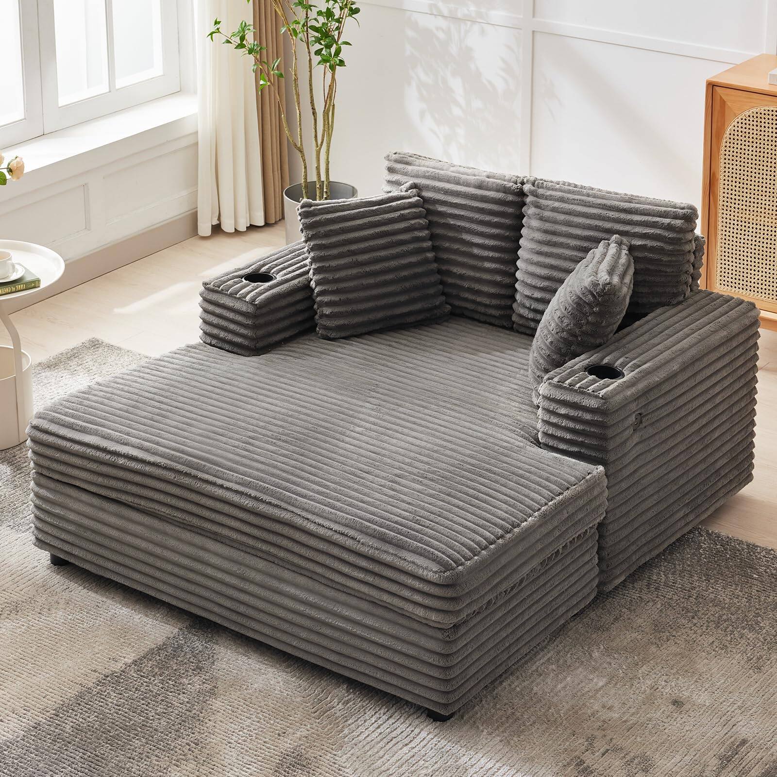 Jojoka - Oversized 60-Inch Chaise Lounge Chair, Corduroy Sofa Bed with Throw Pillows, USB Charging - Gray