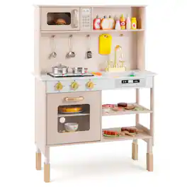 Costway - Height Adjustable Play Kitchen Wooden Kitchen Playset with Real Lights & Sounds - Pink