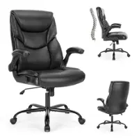 Bestier - Task Chairs PU Leather with Adjustable Fixed Lumbar Support Office Chair with Flip-up Armrest Strong Metal Base - Black - Front_Zoom
