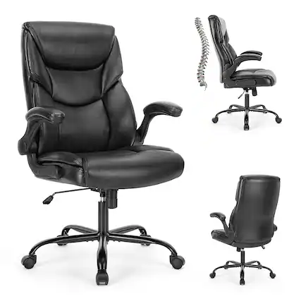 Front. Bestier - Task Chairs PU Leather with Adjustable Fixed Lumbar Support Office Chair in Black with Flip-up Armrest Strong Metal Base - Black.