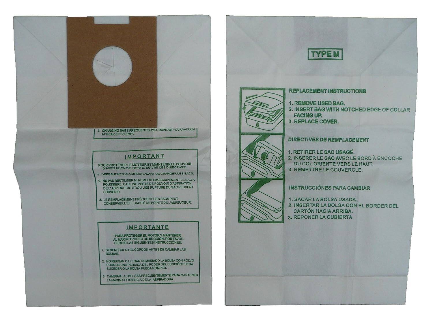 **TYPE M REPLACEMENT INSTRUCTIONS**

1. REMOVE USED BAG.
2. INSERT BAG WITH NOTCHED EDGE OF COLLAR FACING UP.
3. REPLACE COVER.

**IMPORTANT**
FREQUENTLY WILL MAINTAIN YOUR VACUUM AT PEAK EFFICIENCY.

**DIRECTIVES DE REMPLACEMENT IMPORTANT POUR PROTEGER LE MOTEUR ET MAINTENIR LE POUVOIR D'ASPIRATION DE POINTE SUISSE CES DIRECTIVES.**
1. RETIRER LE SAC USAGÉ.
2. INSÉRER LE SAC AVEC LE BORD À ENCOCHE DU COLLAR ORIENTÉ VERS LE HAUT.
3. REMETTRE LE COUVERCLE.

**INSTRUCCIONES PARA CAMBIAR**
1. SACAR LA BOLSA USADA.
2. INSERTAR LA BOLSA CON EL BORDE DEL COLLAR HACIA ARRIBA.
3. REPONER LA CUBIERTA.

**IMPORTANT**
PARA PROTEGER EL MOTOR Y MANTENER AL MÁXIMO PODER DE SUCCIÓN, POR FAVOR SIGA LAS SIGUIENTES INSTRUCCIONES:
1. DES