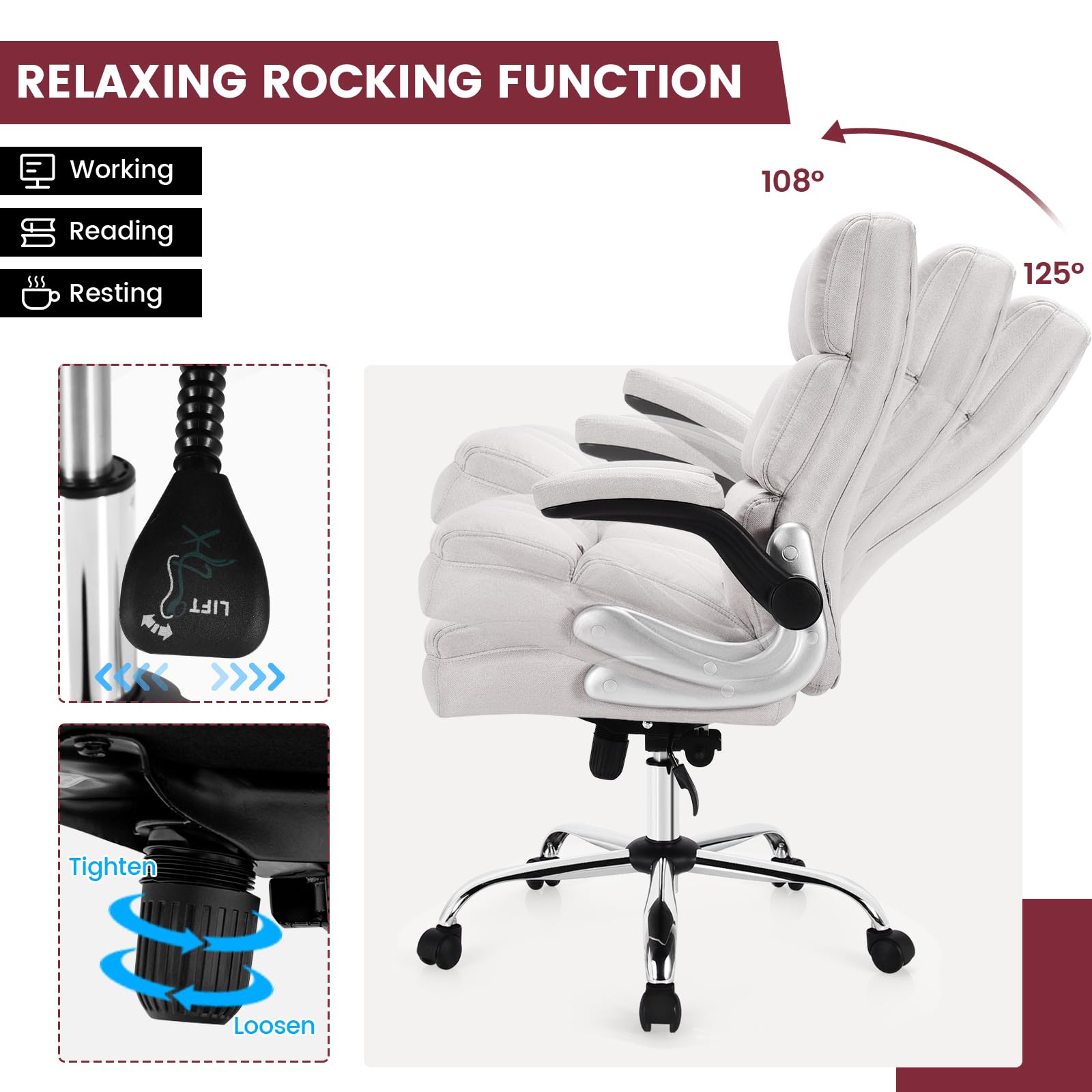 RELAXING ROCKING FUNCTION: Working 108, Reading 125, Resting 125, Lift w/ Tighten & Loosen