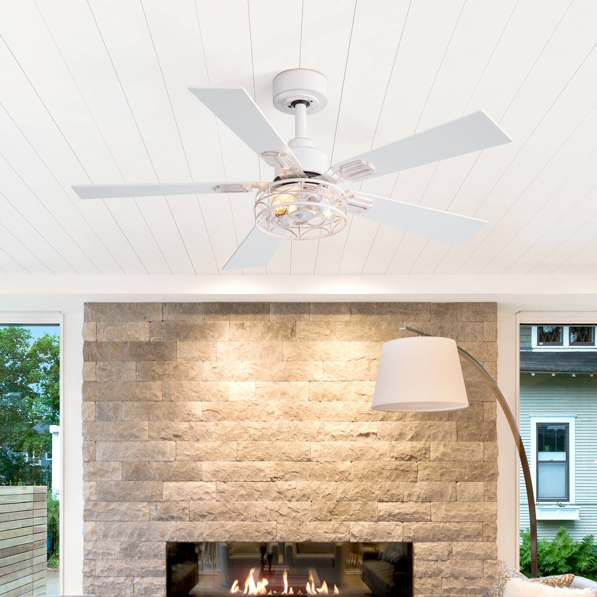 Alt View 5. Breezary - 42-In Indoor Ceiling Fan with Light Kit, 5 Plywood Blades, 6-Speed DC Motor and Remote, Timer, Memory Function(1/2 Pack) - Distressed White and Gold (1 Pack).