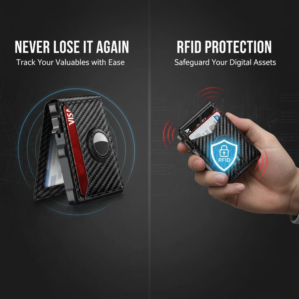NEVER LOSE IT AGAIN  
Track Your Valuables with Ease  

RFID PROTECTION  
Safeguard Your Digital Assets