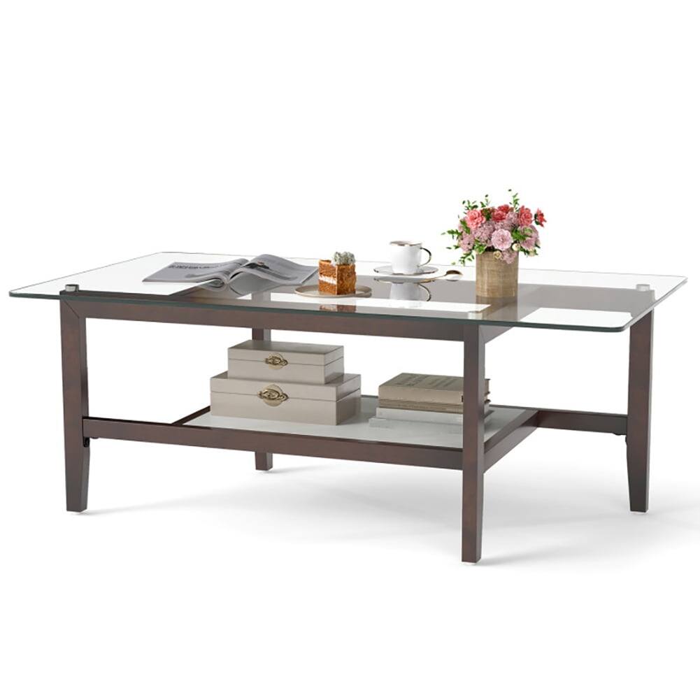 Front. Pefilos - 42 Inch Rectangular 2-Tier Glass Coffee Table, End Table with Built-In Storage Shelf-Brown - Brown.