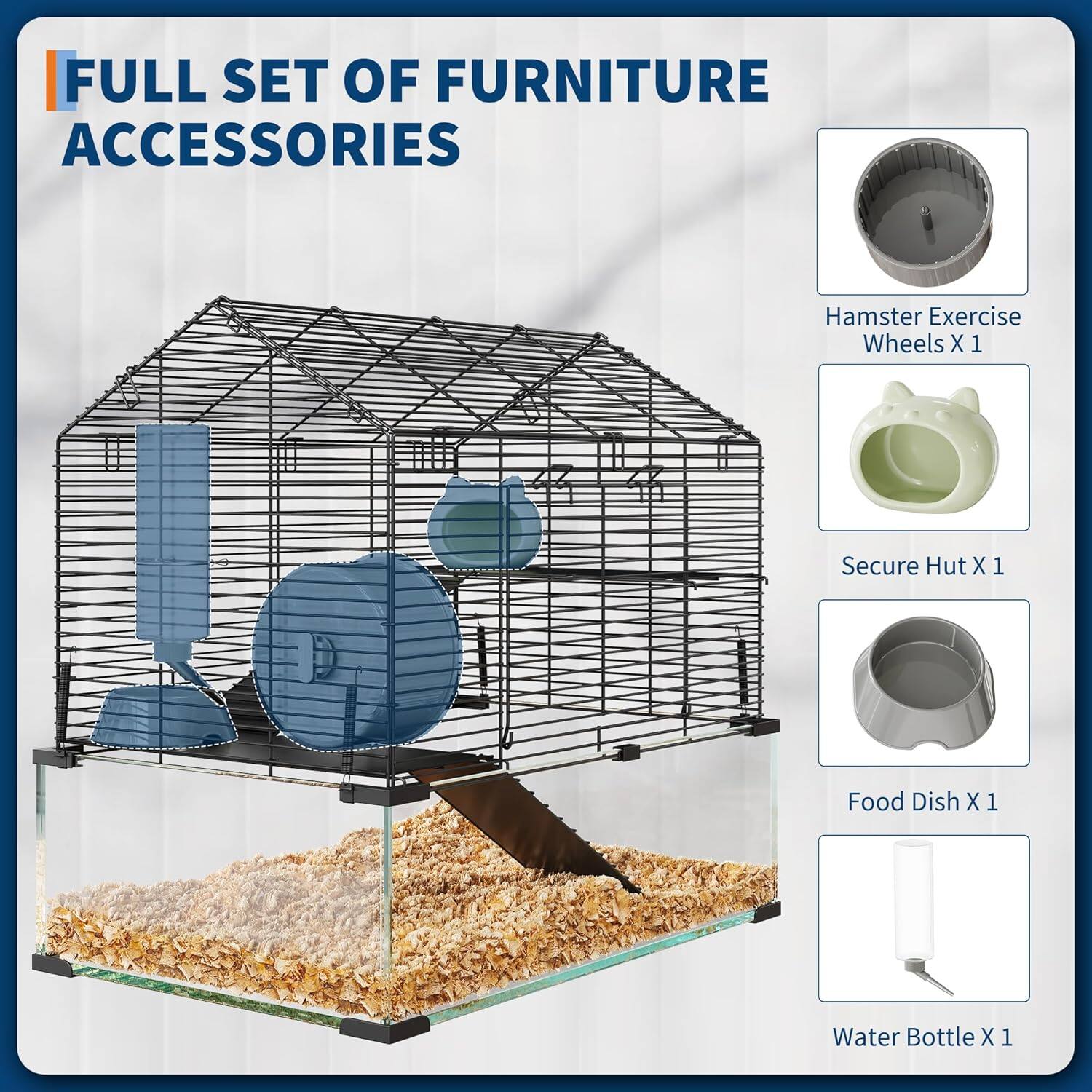 FULL SET OF FURNITURE ACCESSORIES

- Hamster Exercise Wheels X 1
- Secure Hut X 1
- Food Dish X 1
- Water Bottle X 1