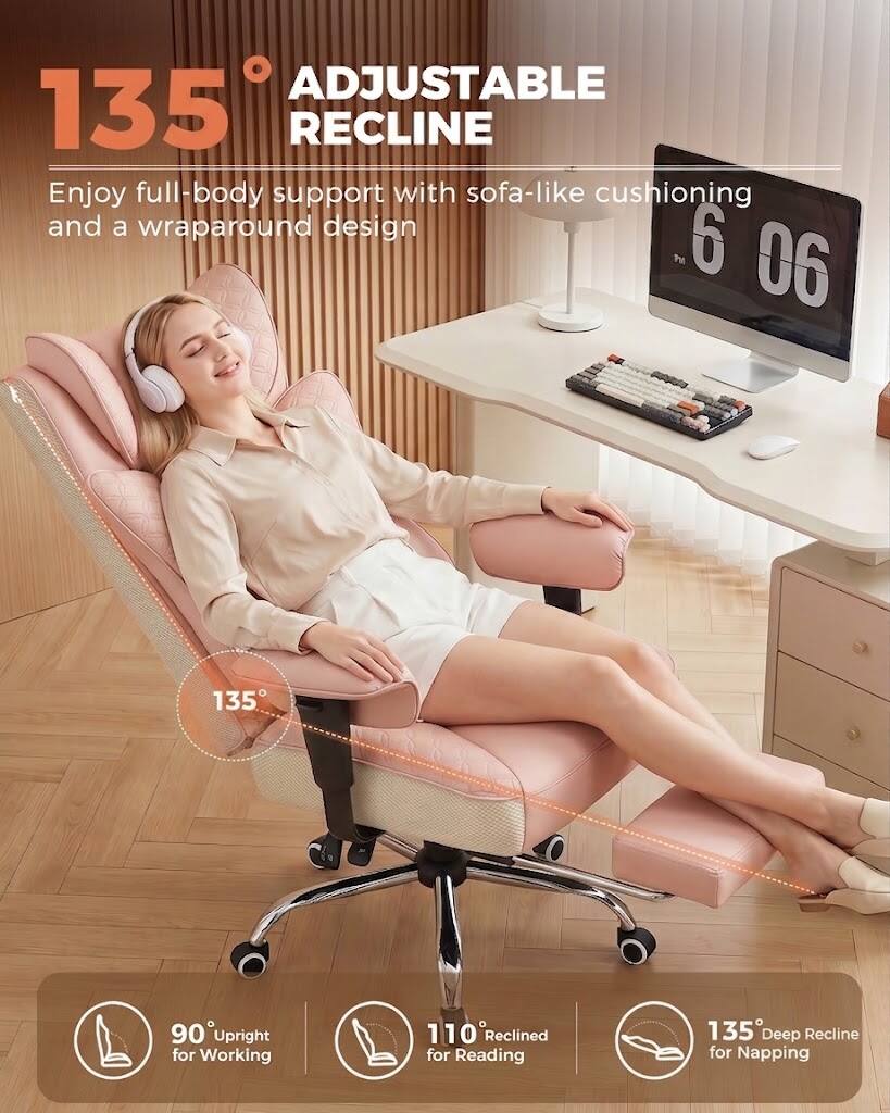 ADJUSTABLE 135° RECLINE  
Enjoy full-body support with sofa-like cushioning and a wraparound design  

90° Upright for Working  
110° Reclined for Reading  
135° Deep Recline for Napping