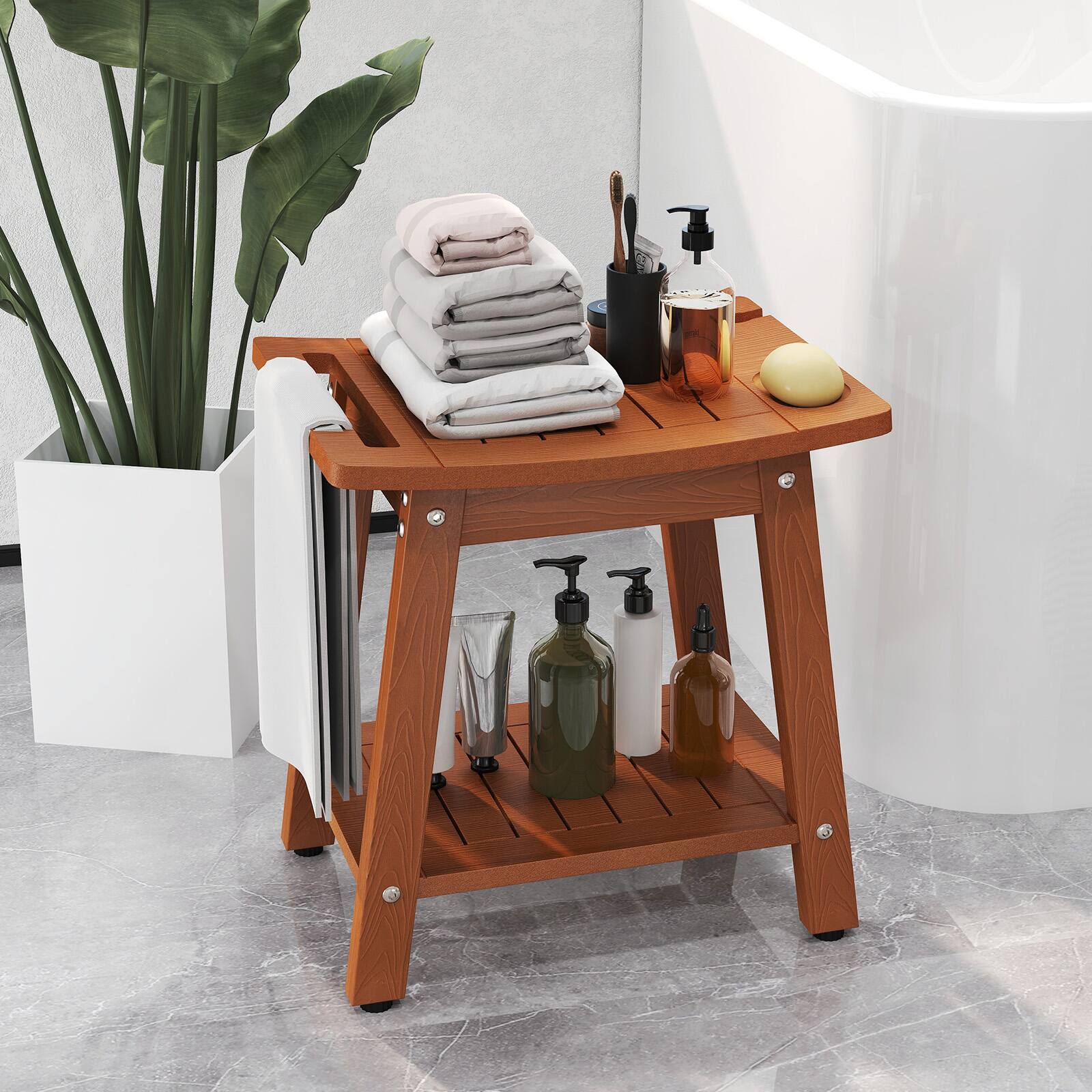 Alt View 3. Gymax - Gymax Shower Bench Seat HIPS Shower Stool w/Handle Shower Head & Soap Holder Brown - Brown.