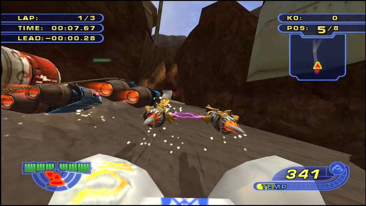 LAP: 1/3  
TIME: 00:07.67  
LEAD: -00:00.28  
KO: 0  
POS: 5/8  
TEMP: 341