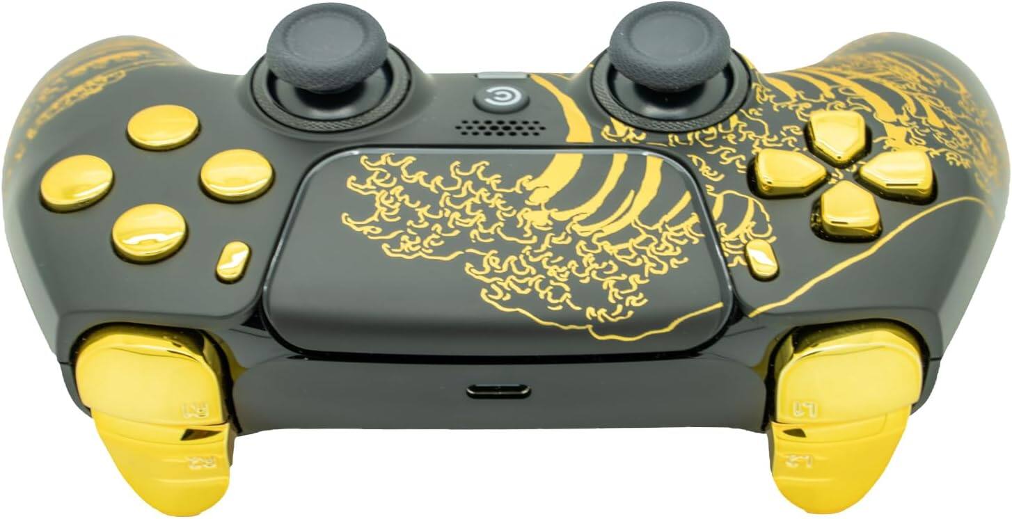 Back. Custom Controllerzz - Custom Wireless Controller for PS5 - Golden Waves & Gold Chrome Inserts.