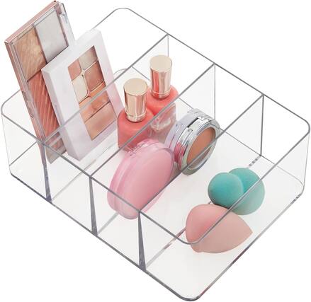 Front. RTMB - Divided makeup and vanity storage bin that can be used upright for eyeshadow..