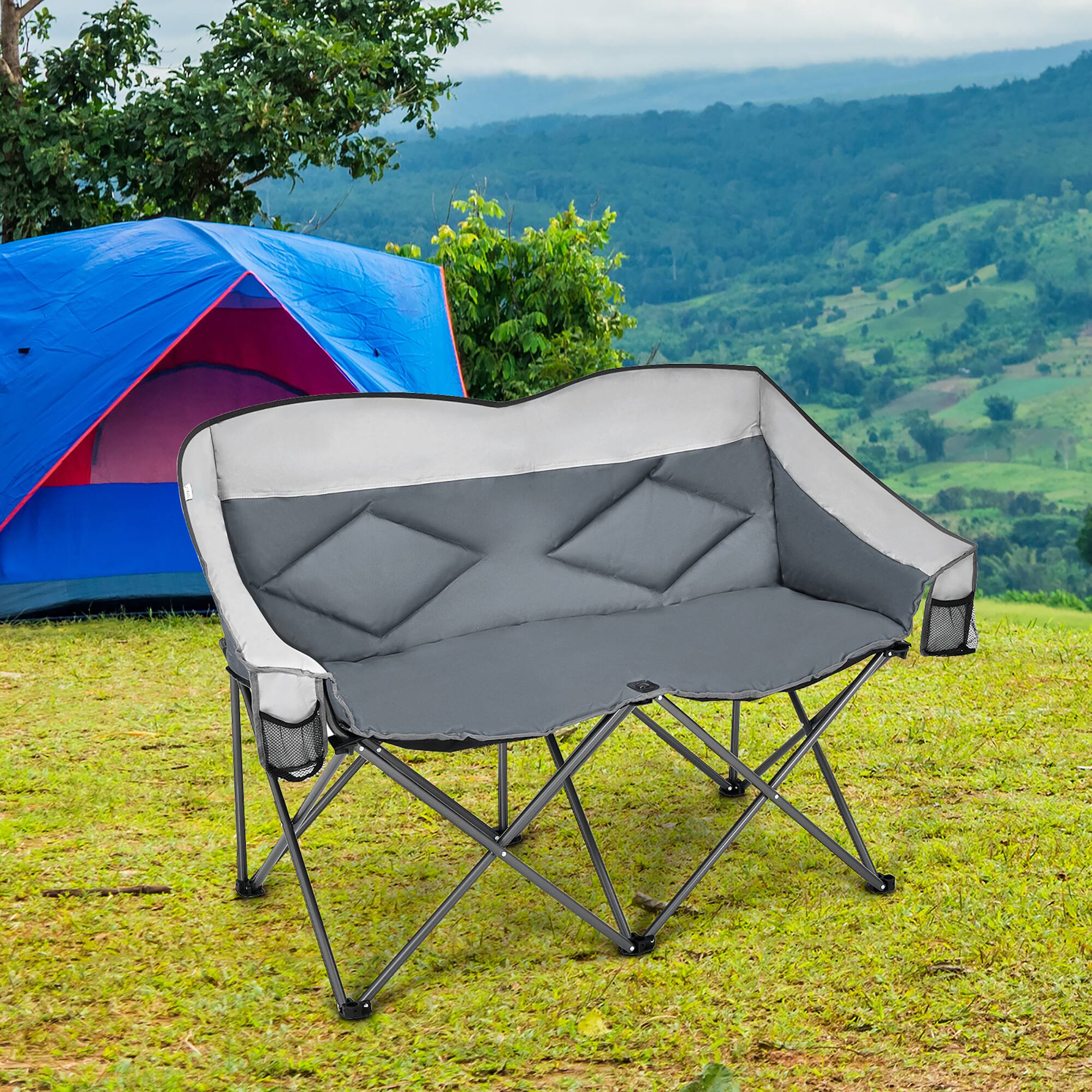 Angle. Costway - Folding Camping Chair Loveseat Double Seat w/ Bags & Padded Backrest Gray - Gray.