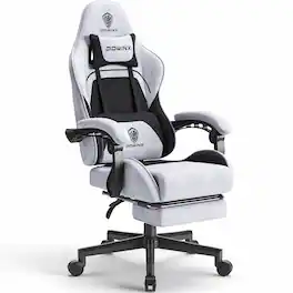 Dowinx - Fabric Gaming Chair with Massage Lumbar Support, Ergonomic Office Chair with Adjustable Headrest and Footrest - Light Gray