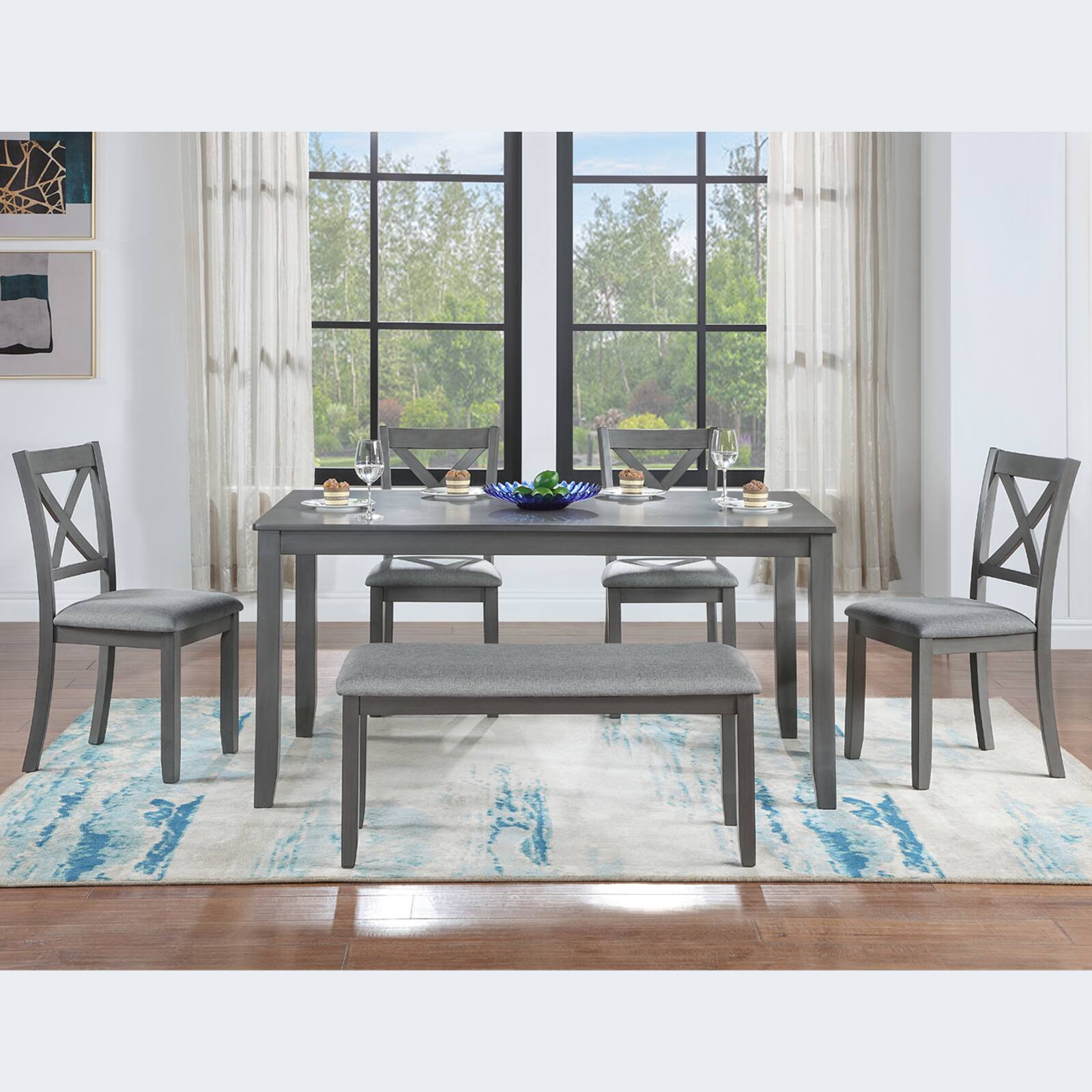 Angle. Loheer - Loheer 6 Piece Dining Table Set for 6, Gray Rectangular Wood Table with Upholstered Chairs and Bench - Gray.